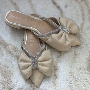 Gianni Bini Beige Bow Mules with Rhinestone Detail